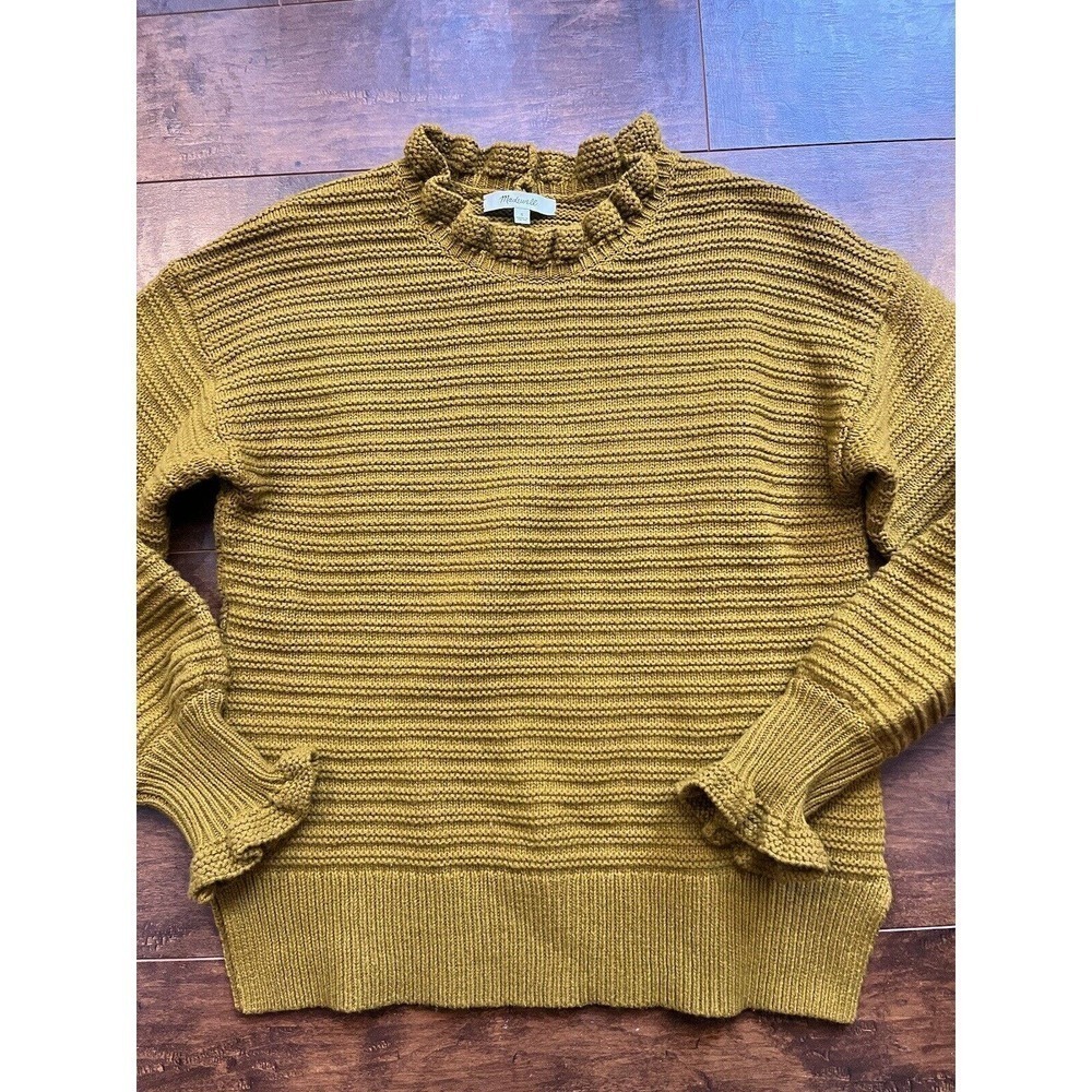 Madewell Ruffle Neck Pullover Sweater Mustard Color Merino Wool Blend Size Small